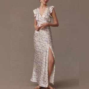 NWOT ASTR The Label Satin Flutter-Sleeve Floral Maxi Dress in Purple Floral